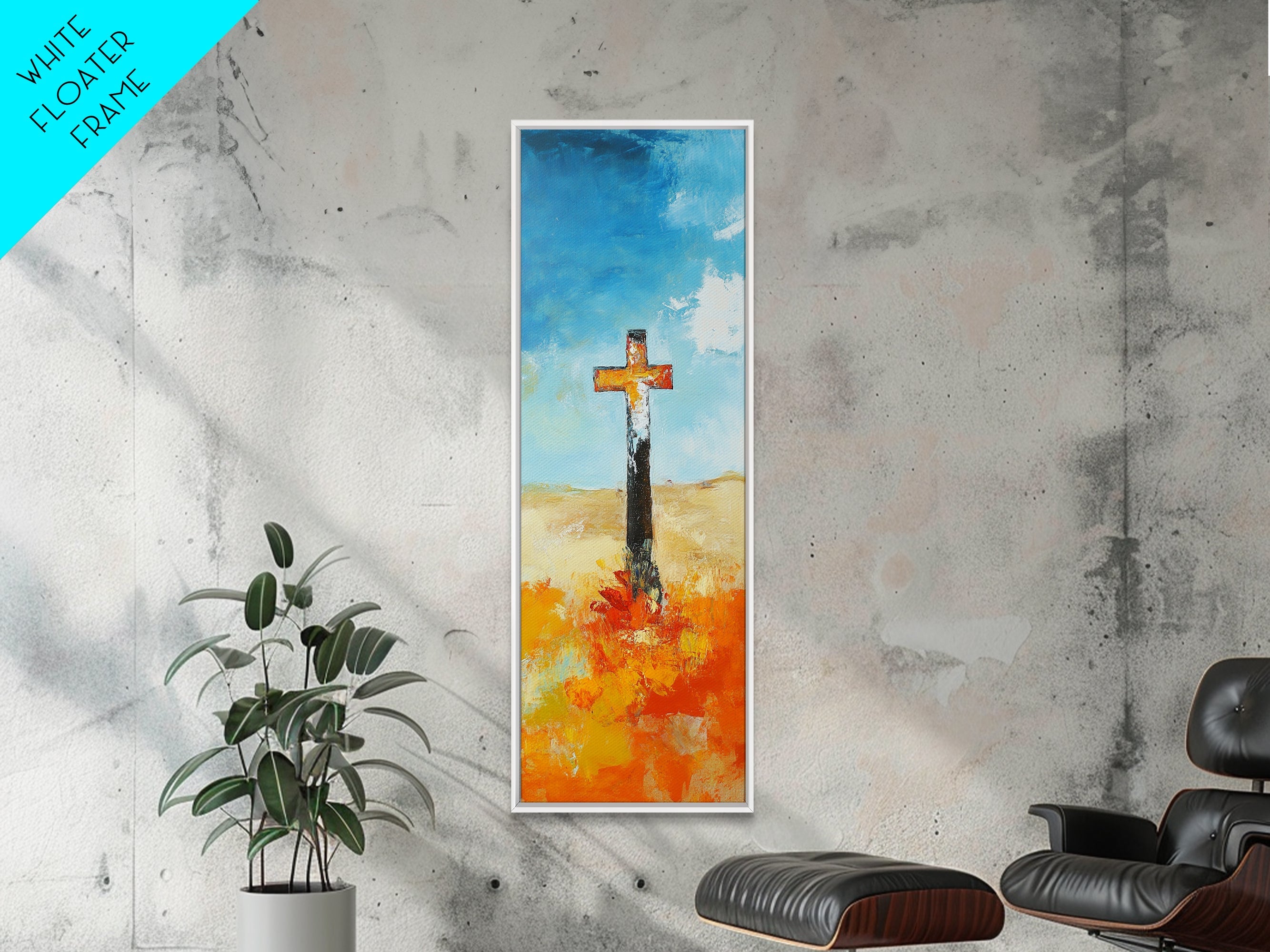 Framed canvas print with blue sky, black cross, and orange blossoms