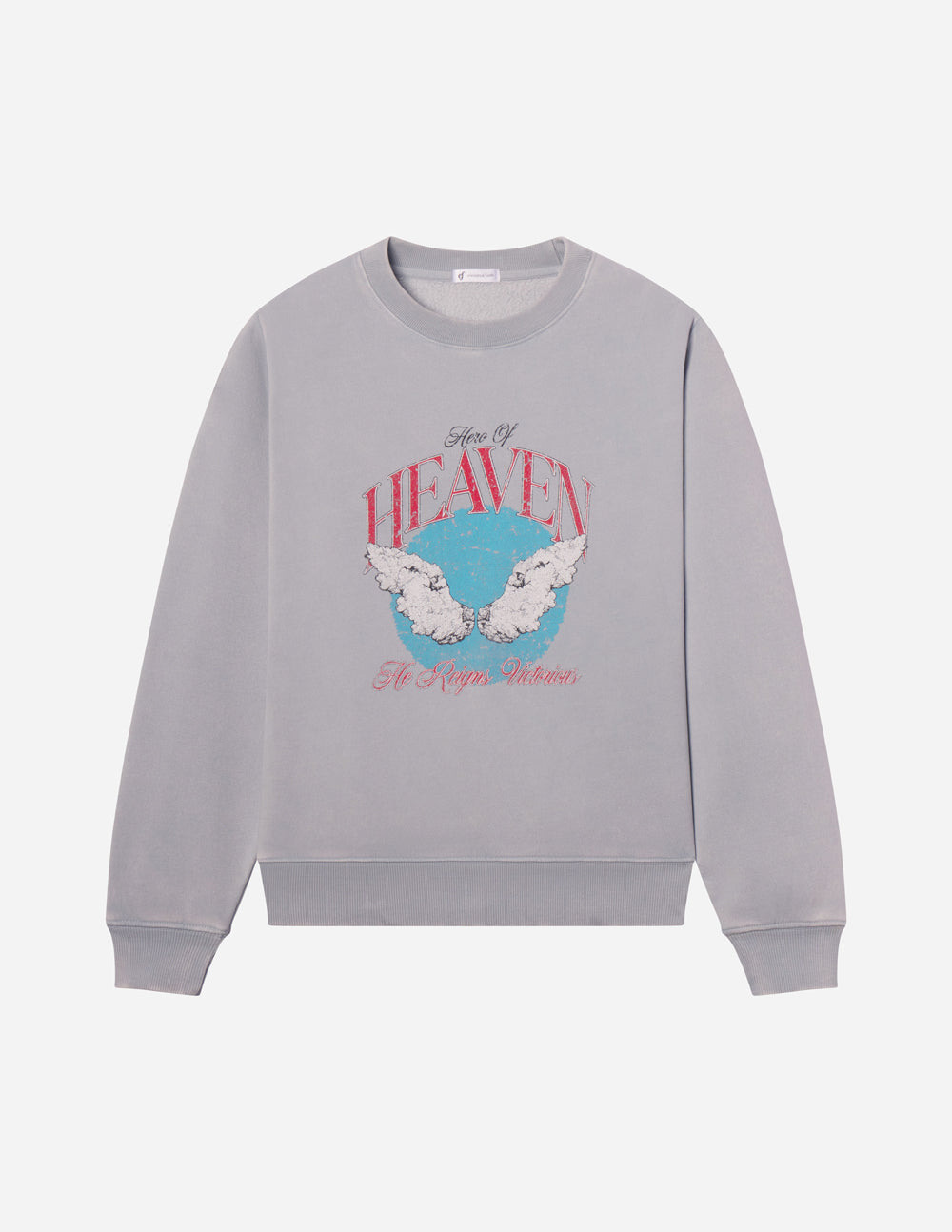 Unisex crewneck sweatshirt, light gray, flat-lay front view with red and blue Heaven map graphic