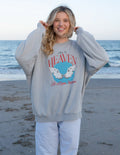 Unisex crewneck sweatshirt, light gray, front graphic with red and blue Earth-style print