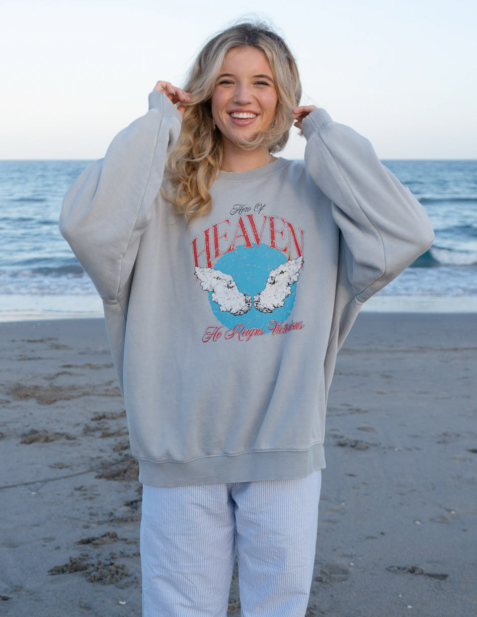 Unisex crewneck sweatshirt, light gray, front graphic with red and blue Earth-style print