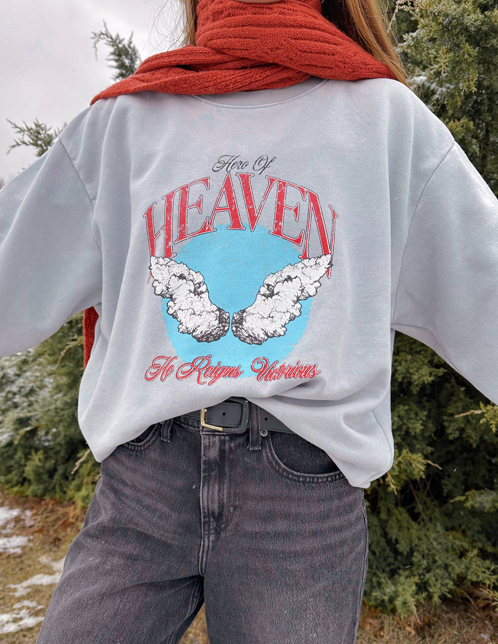 Unisex crewneck sweatshirt, light gray, close back graphic with red Heaven text over blue map