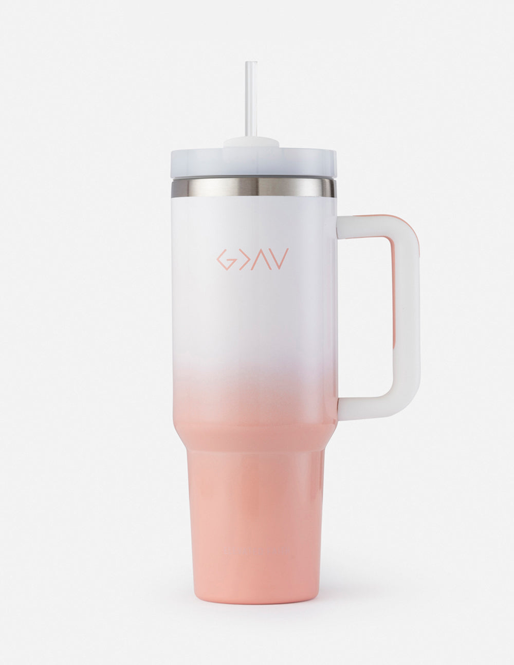 40 oz tumbler, pink base gradient, white body, silver lid, clear straw, carry handle