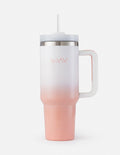 40 oz tumbler, pink base gradient, white body, silver lid, clear straw, carry handle