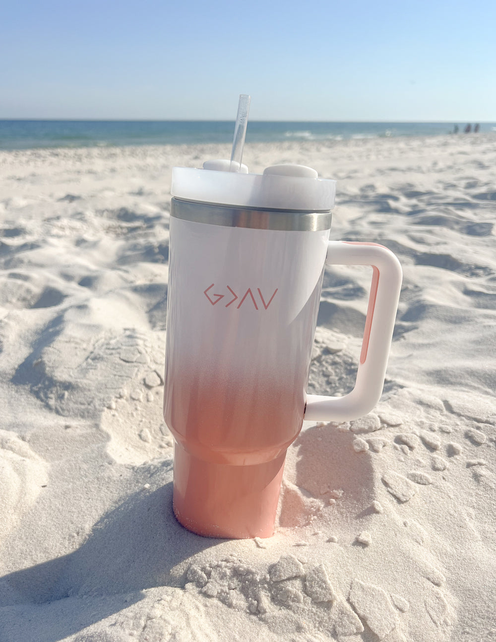 Insulated tumbler, pink ombre base, white body, silver lid, clear straw, carry handle