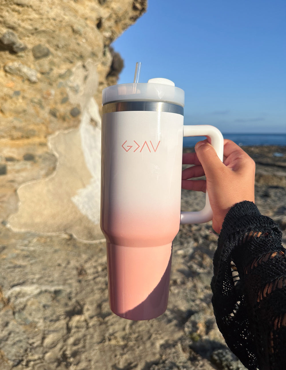 Insulated tumbler, pink ombre base, white body with GAV logo, silver lid, clear straw