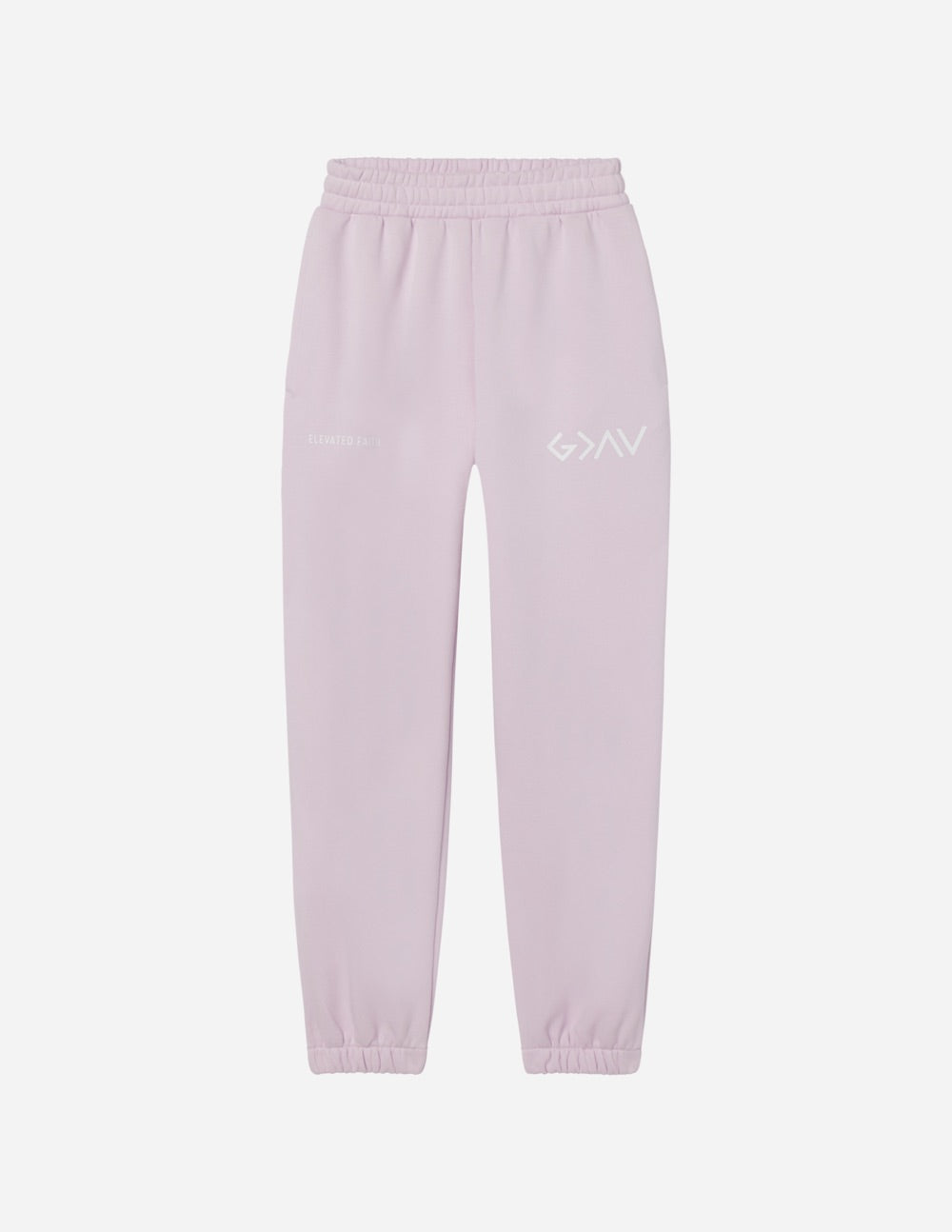 Light purple unisex sweatpants with elastic waistband and ankle cuffs, small logo on leg