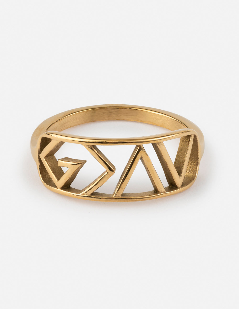 Gold statement ring with geometric cutout pattern on the band