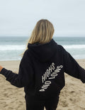 Black unisex pullover hoodie with large back logo graphic and hood