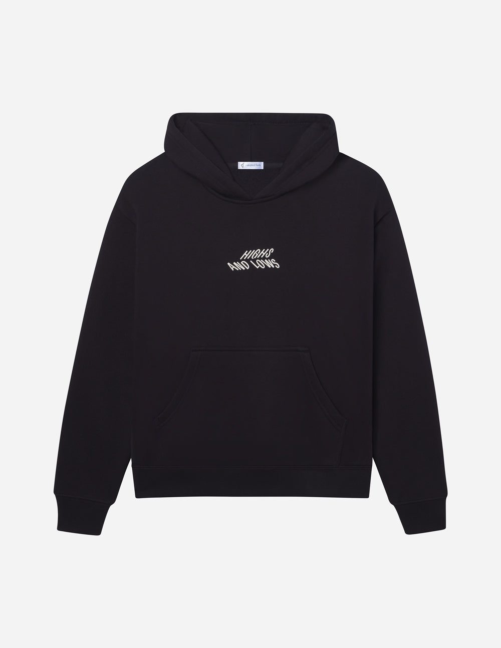 Black unisex pullover hoodie with hood, small chest logo, and front kangaroo pocket