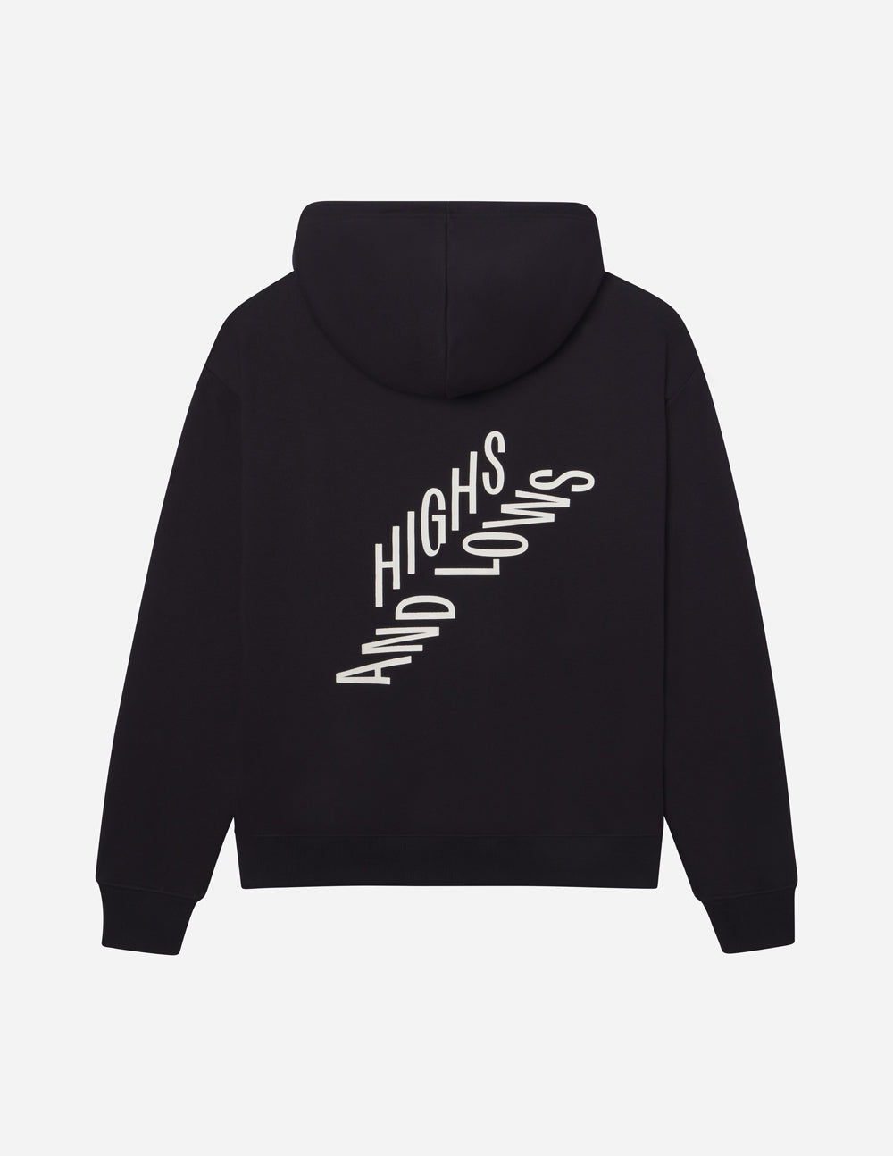 Black unisex pullover hoodie with hood and large back logo graphic