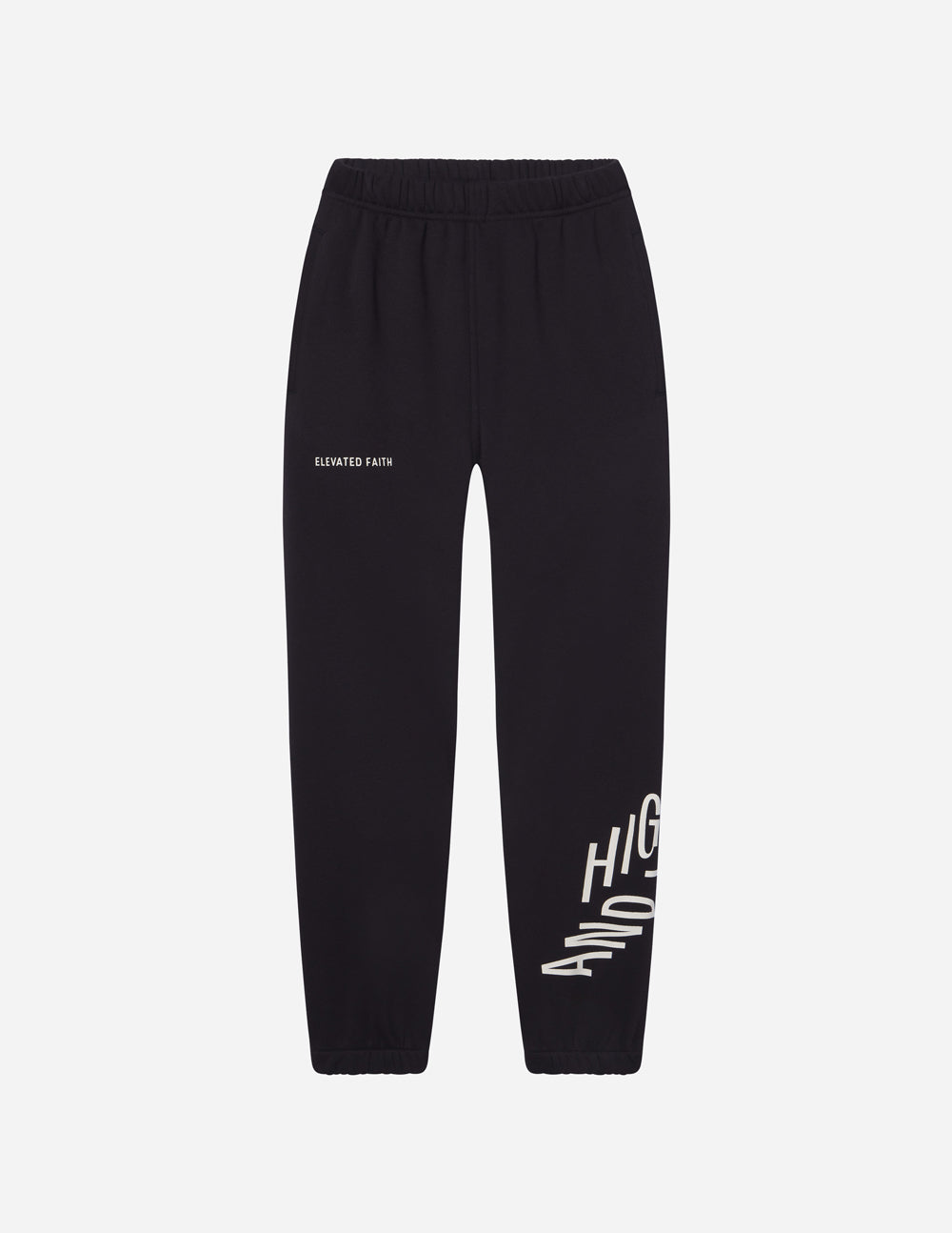 Unisex black sweatpants, cuffed ankle style, with white logo on right thigh