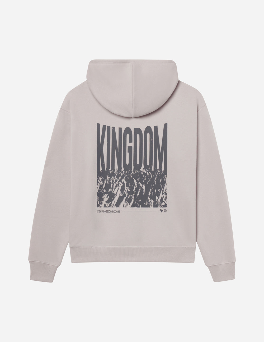 Taupe unisex hoodie, back view with large KINGDOM graphic under hood