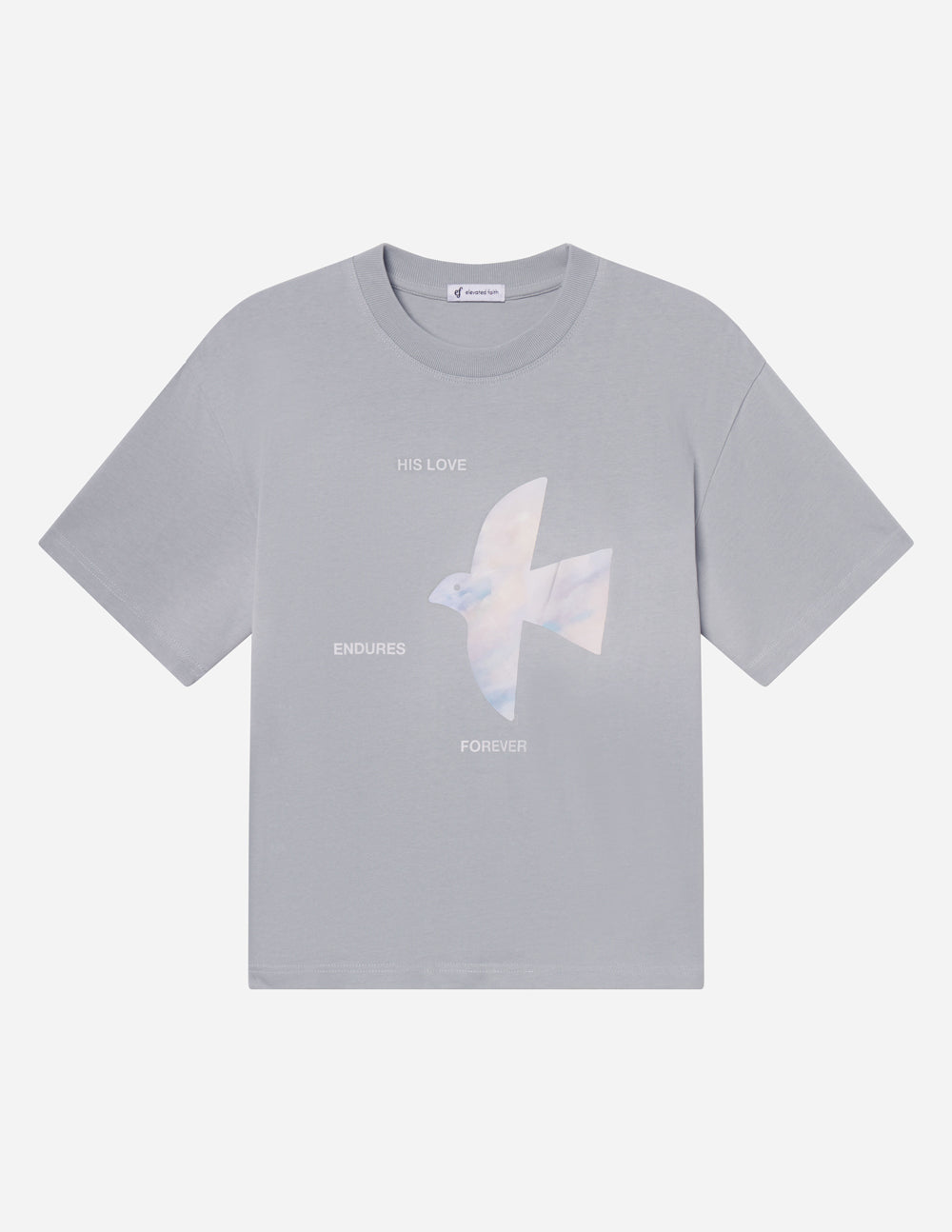 Light blue heavyweight T-shirt with white dove graphic and 'His Love' text