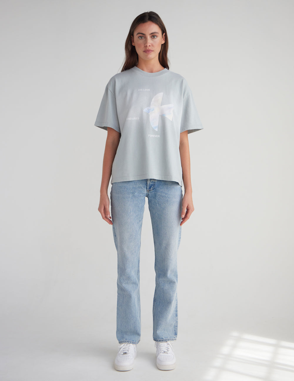 Light blue heavyweight T-shirt with white dove graphic and crew neckline