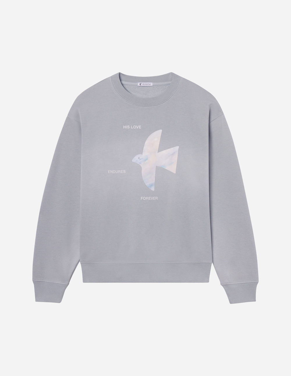 Light gray unisex crewneck sweatshirt with front angel graphic, long sleeves