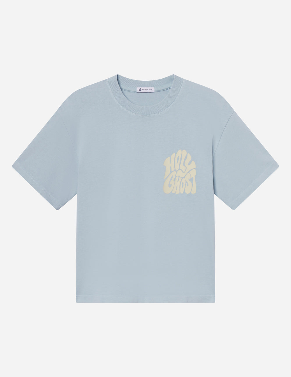 Light blue heavyweight T-shirt, front view with small chest logo graphic, crew neck.