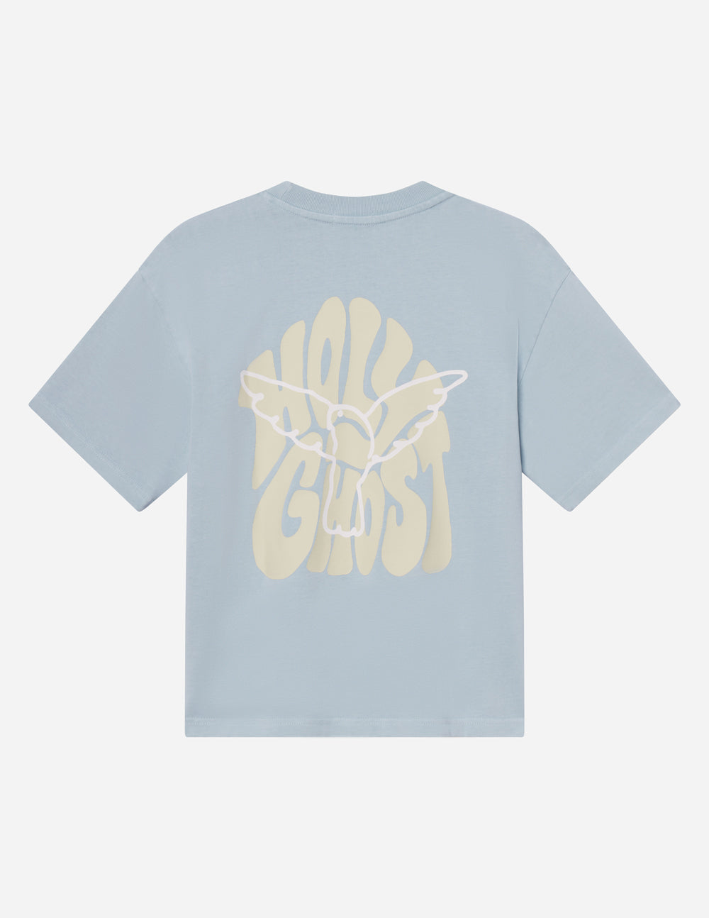 Light blue heavyweight T-shirt, back view with large graphic print, crew neck.