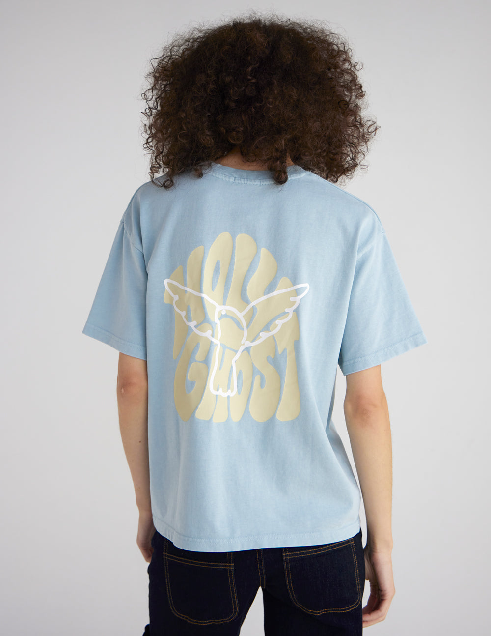 Light blue heavyweight T-shirt with large back graphic print and crew neck, short sleeves.