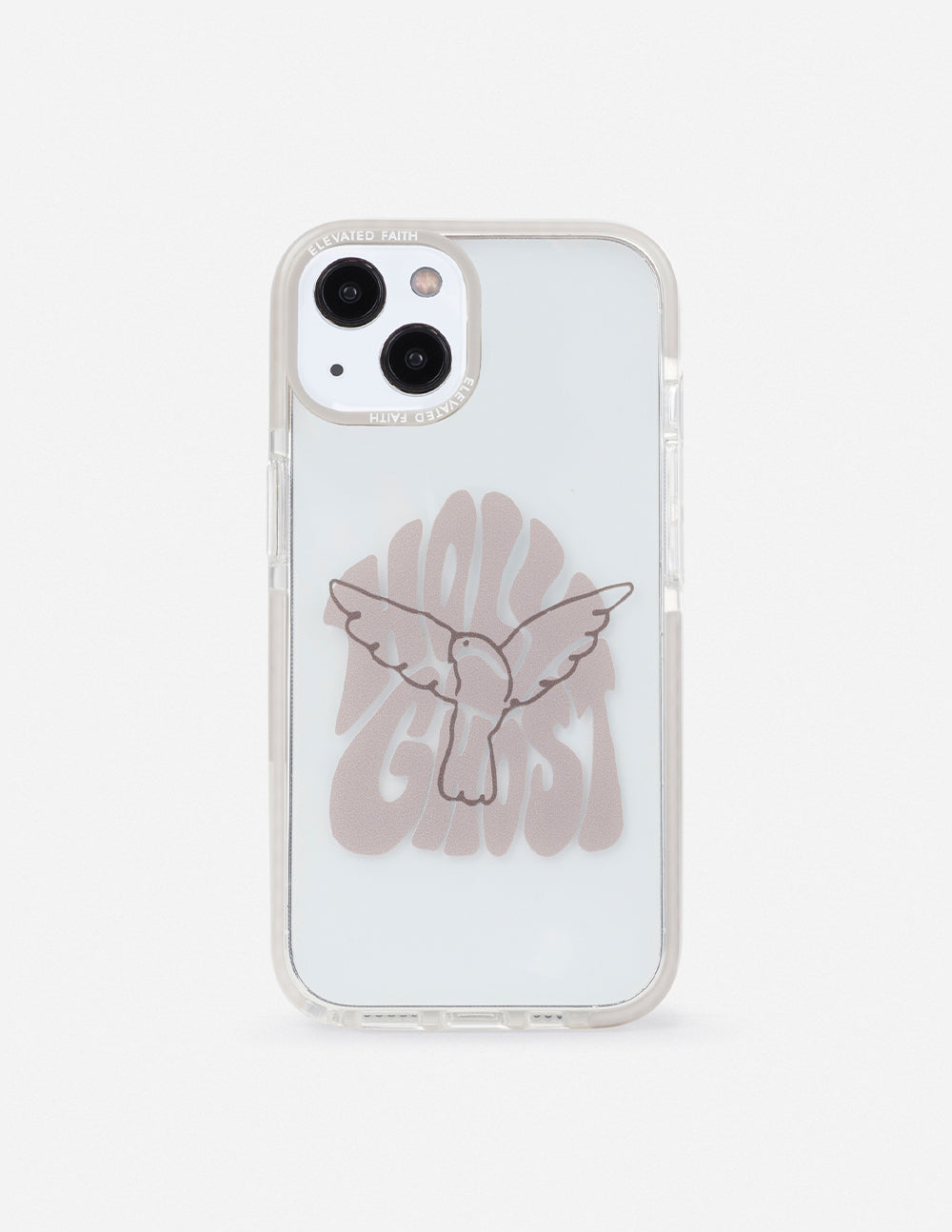 Holy Ghost phone case, clear TPU with dove graphic and raised camera cutouts