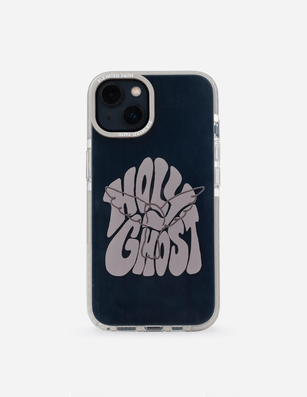 Holy Ghost phone case, dark blue back with dove graphic and camera cutouts