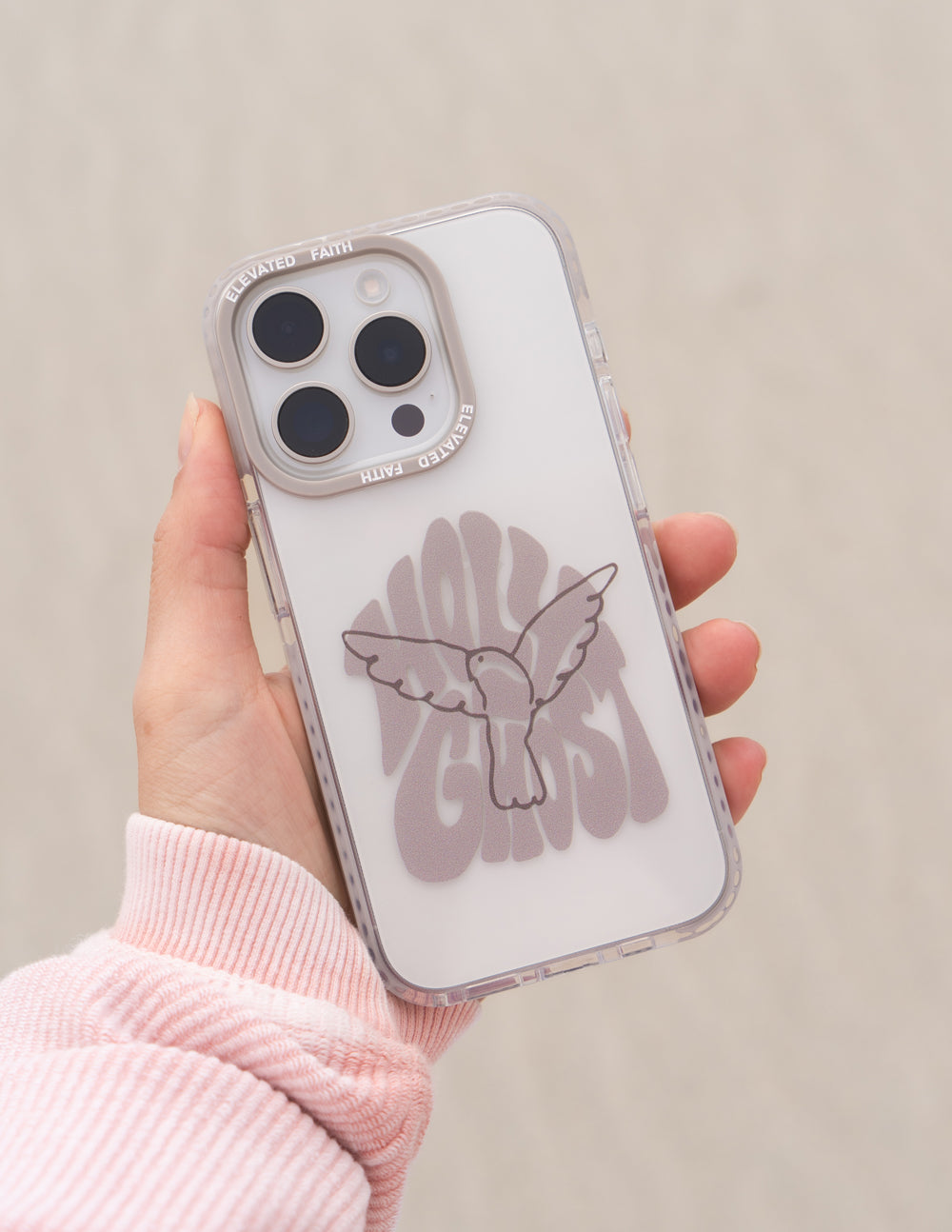Holy Ghost phone case with dove graphic, transparent back and camera openings