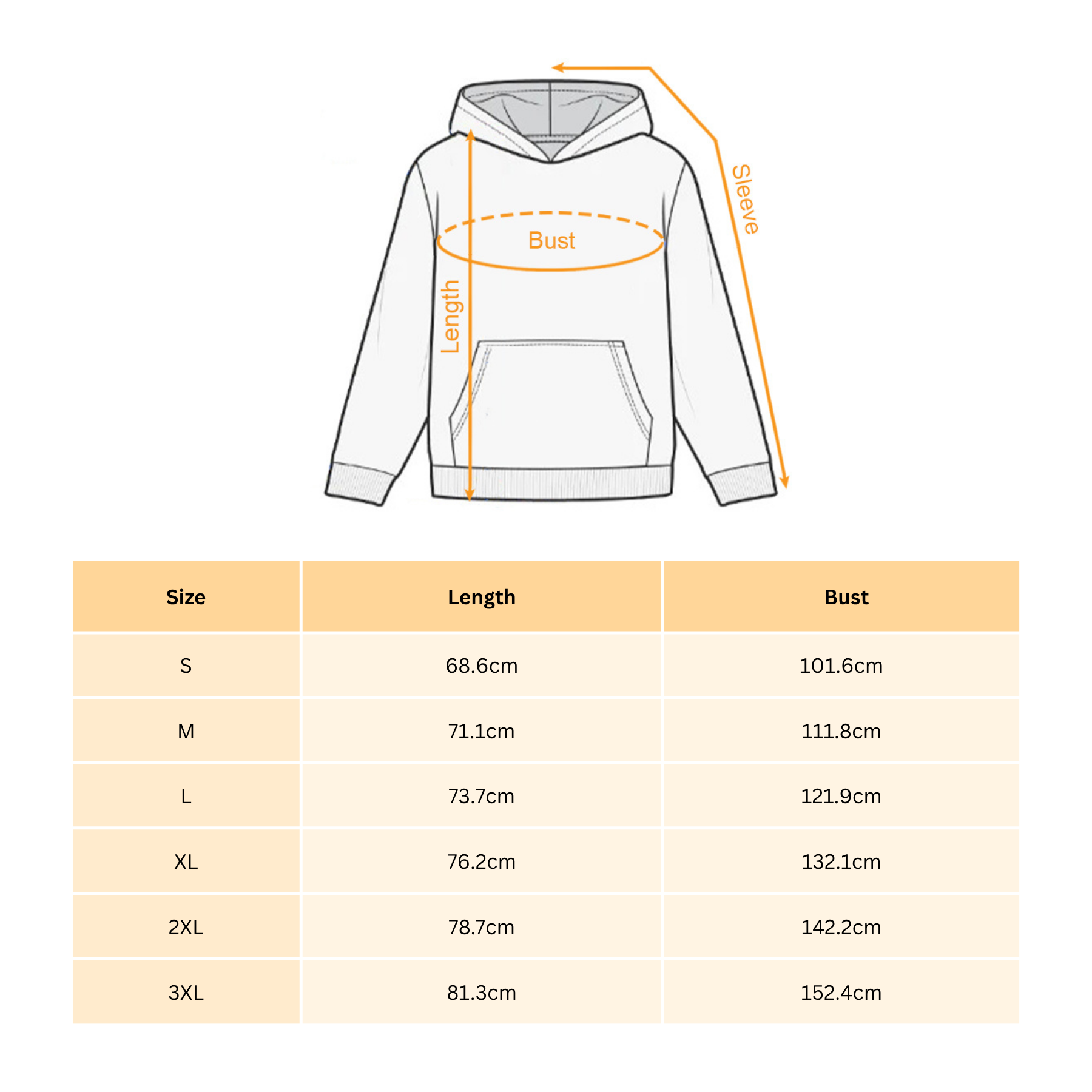 Hoodie size chart showing length and bust measurements