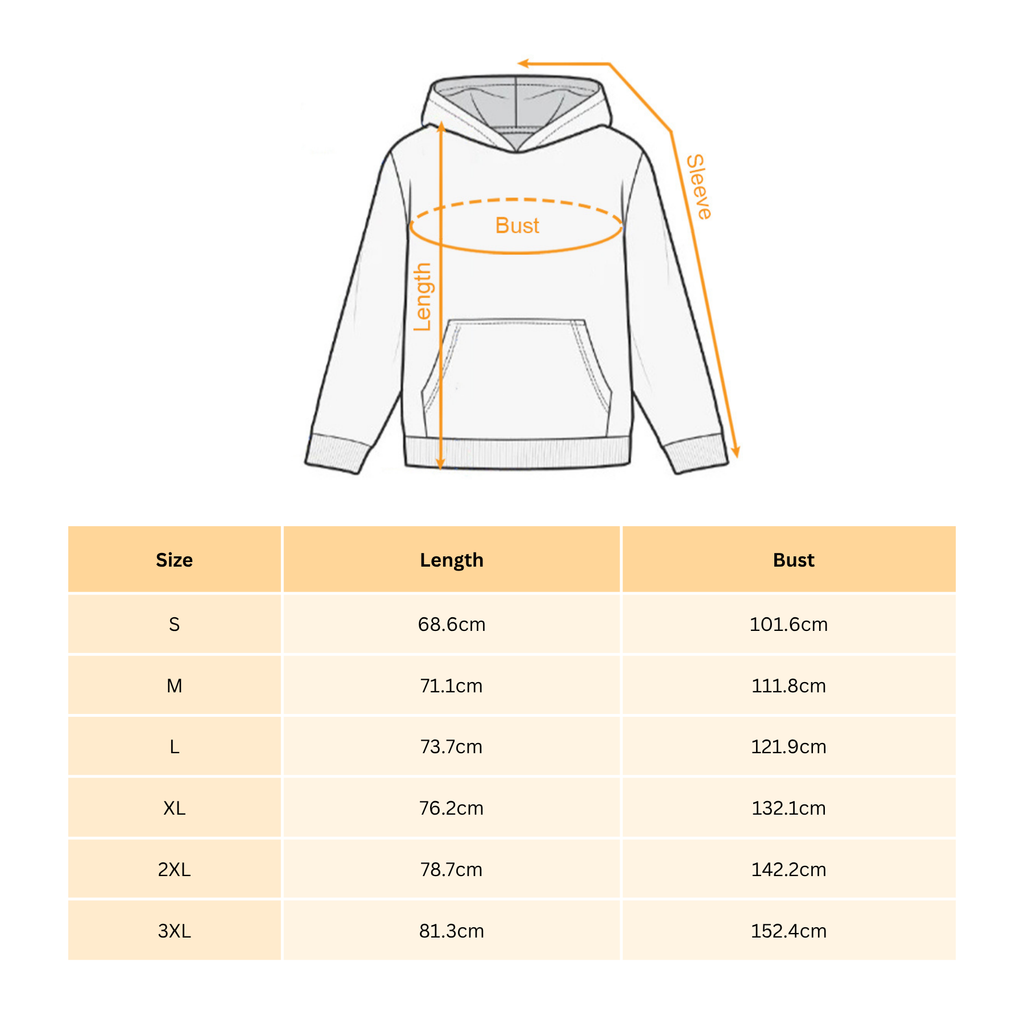 Hoodie size chart showing length and bust measurements by size from S to 3XL