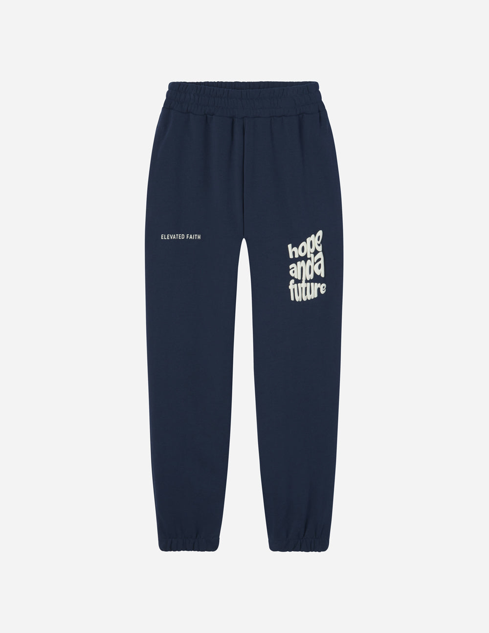 Unisex navy jogger sweatpants with elastic cuffs and “Hope and a Future” logo