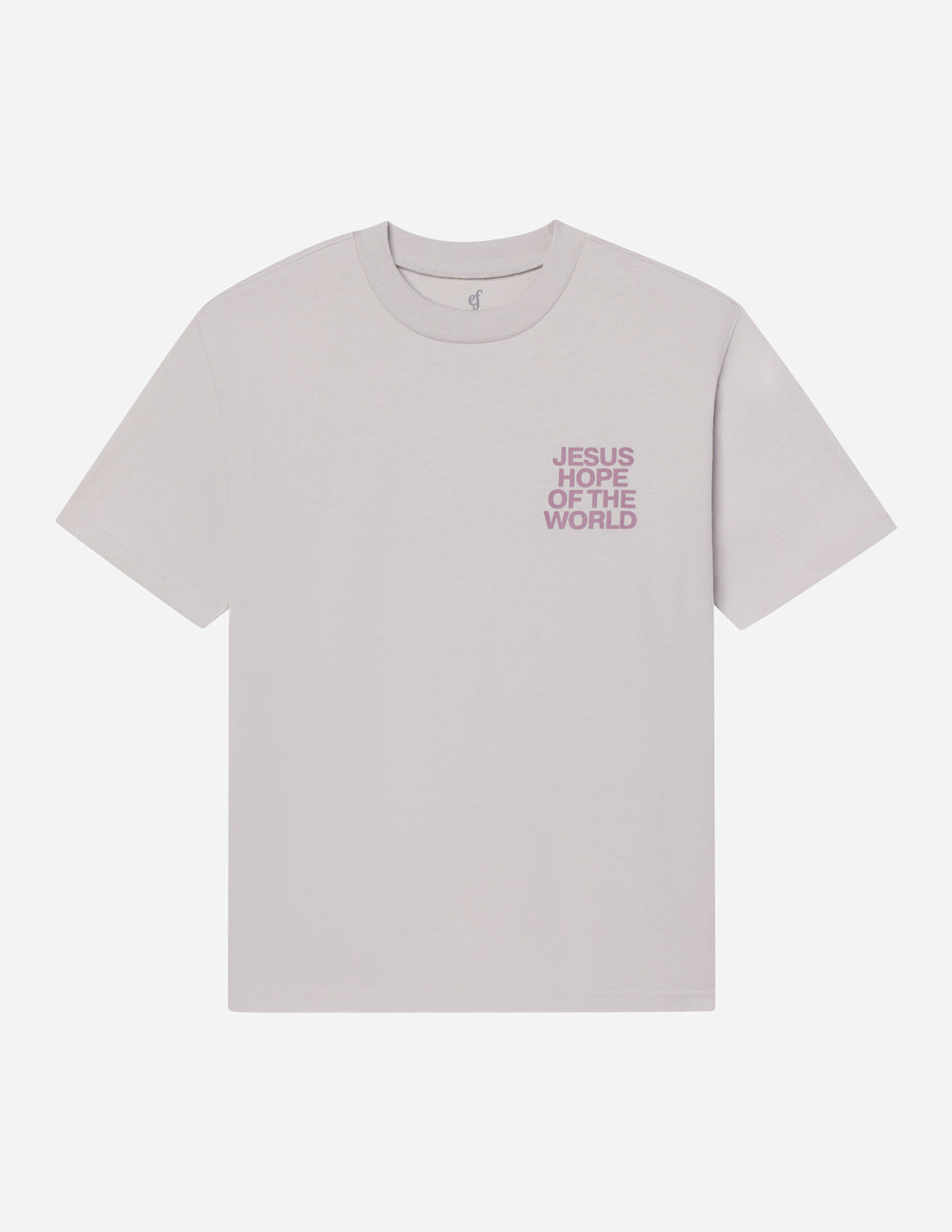 Light gray unisex T-shirt with small chest text graphic