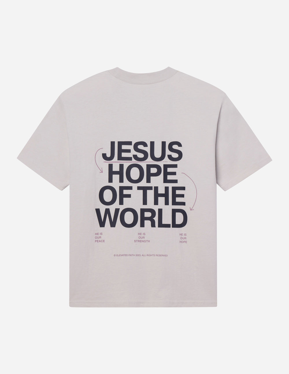 Light gray unisex T-shirt with large "JESUS HOPE OF THE WORLD" graphic
