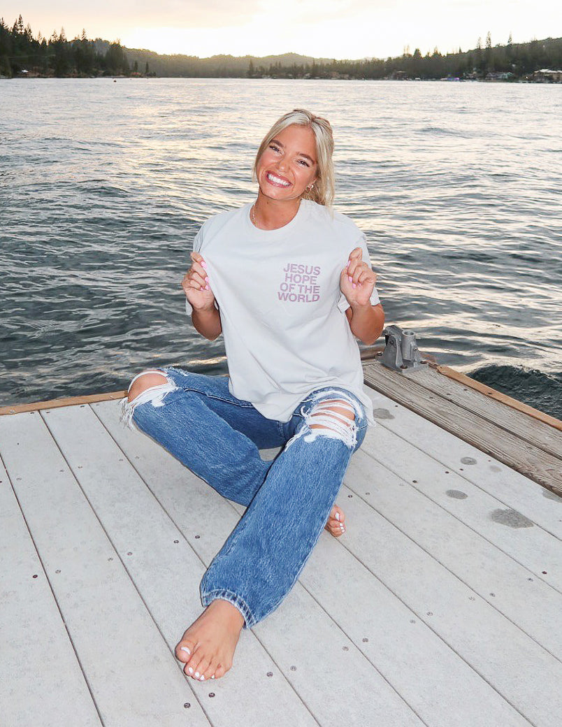 Unisex graphic tee, white, front print "JESUS HOPE OF THE WORLD"