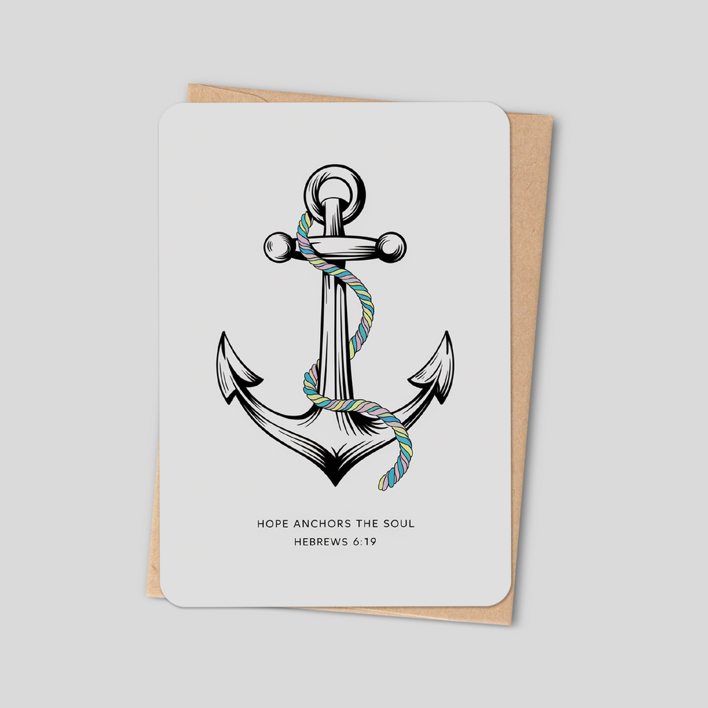 Christian greeting card with anchor-and-cross illustration and Hope Anchors the Soul text