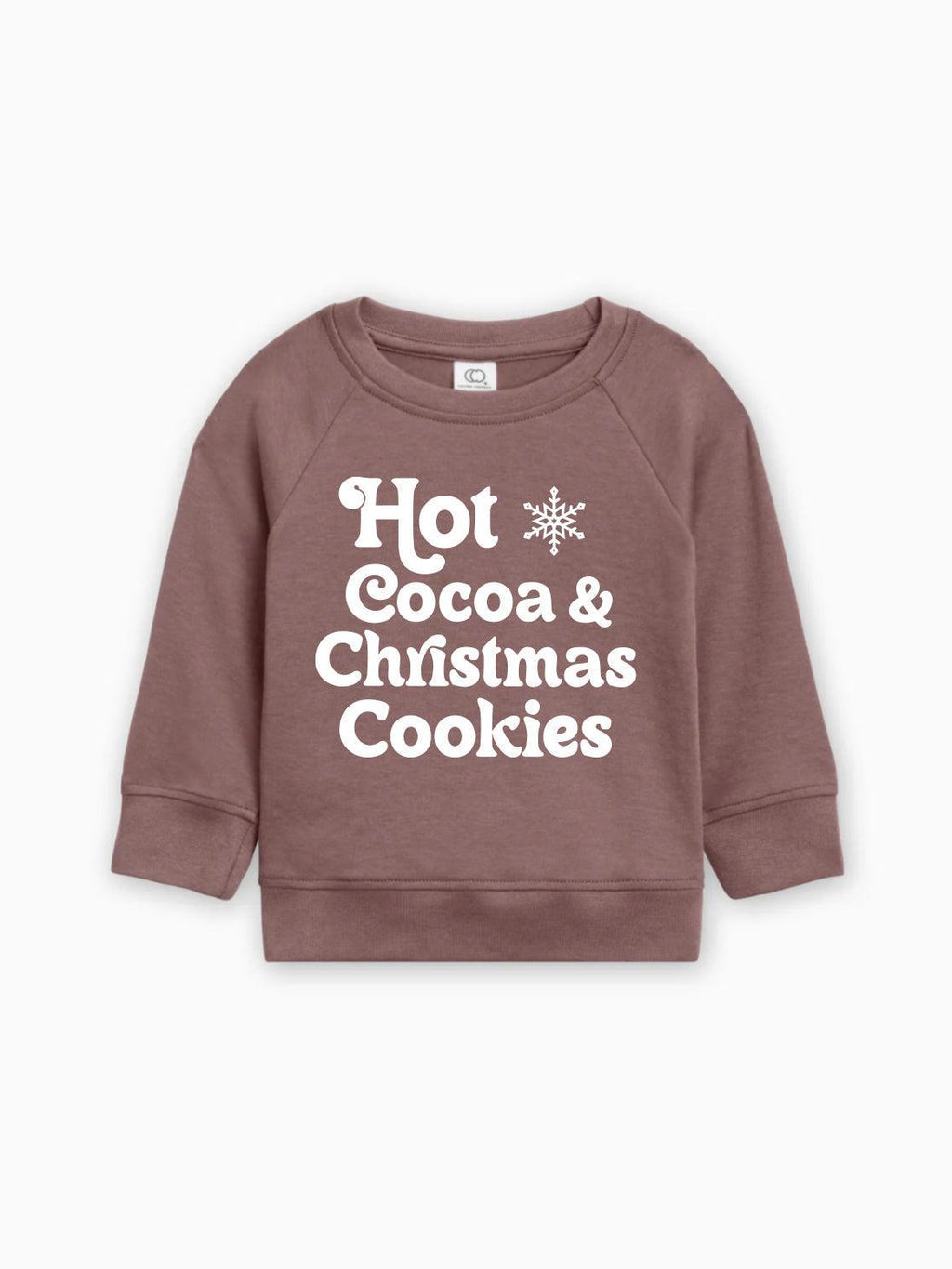 Brown baby pullover with long sleeves and white "Hot Cocoa & Christmas Cookies" graphic