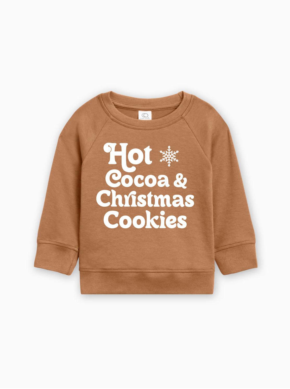 Tan baby pullover with long sleeves and white "Hot Cocoa & Christmas Cookies" graphic