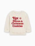 Cream baby pullover with long sleeves and red "Hot Cocoa & Christmas Cookies" graphic