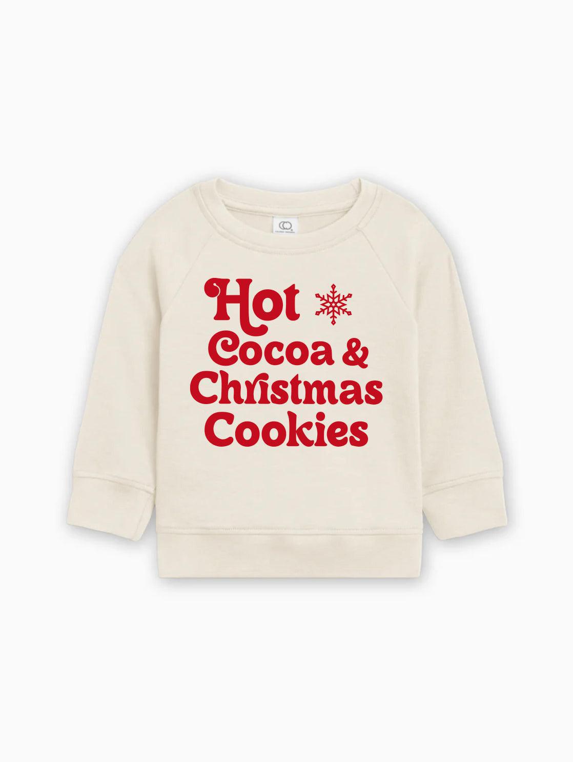 Cream baby pullover with long sleeves and red "Hot Cocoa & Christmas Cookies" graphic