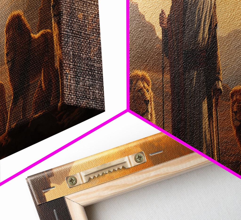 Gallery-wrapped canvas corner with frame edge and hanging hardware