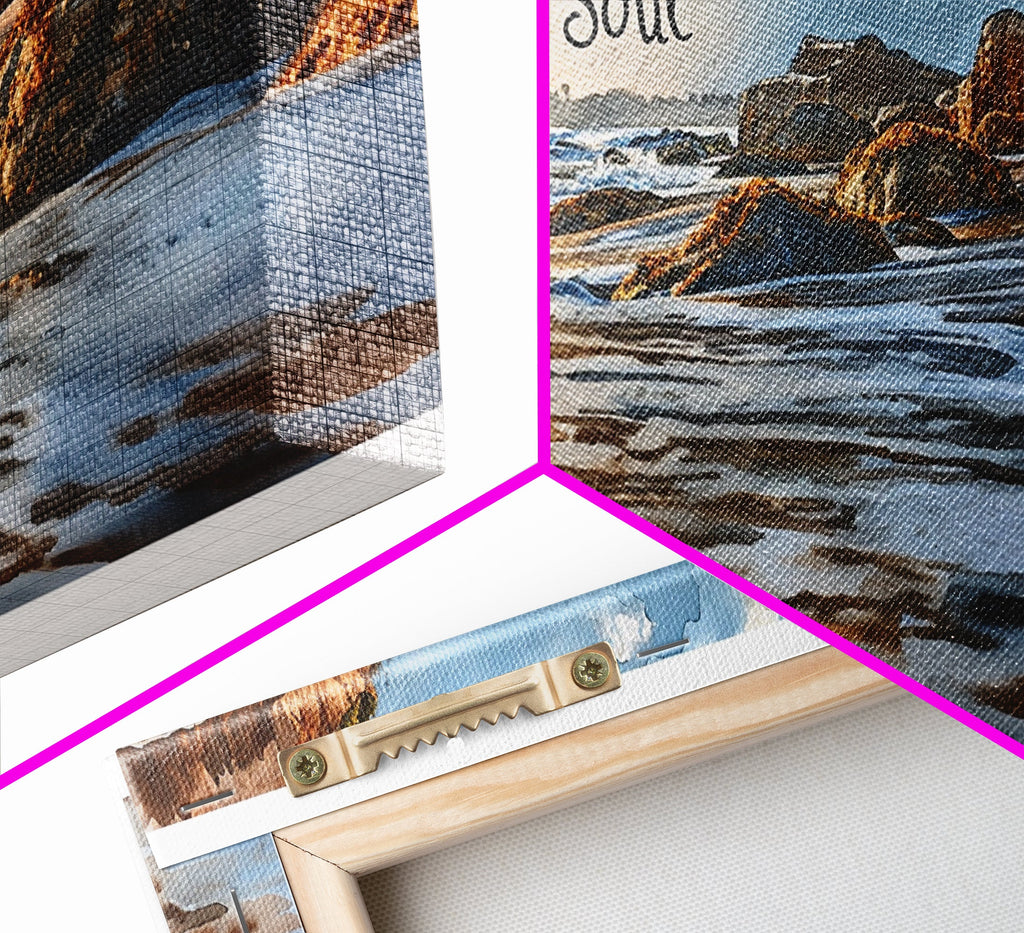 Canvas wall art corner detail with hanging hardware and mounted edge