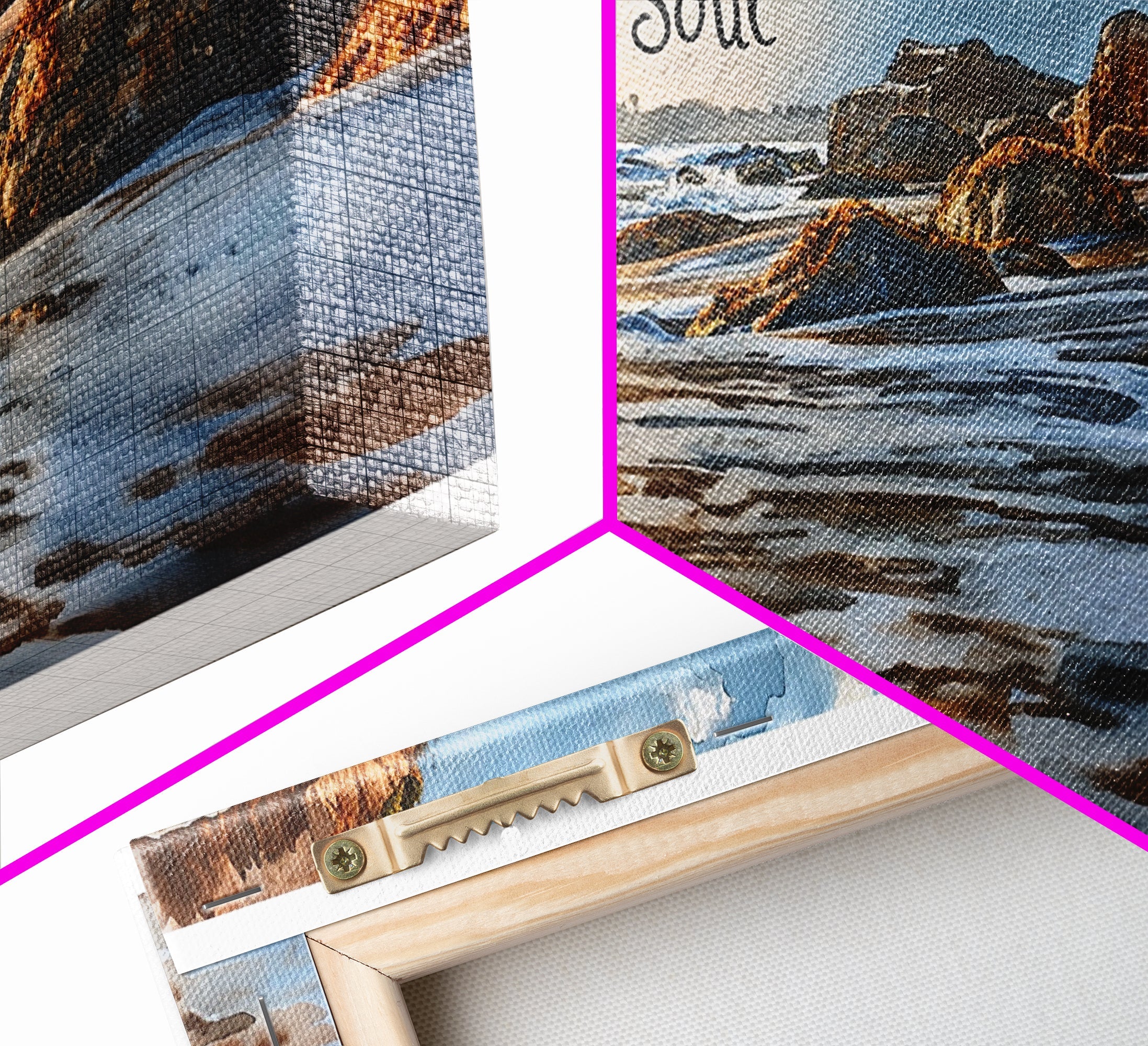 Canvas wall art corner detail with hanging hardware and mounted edge