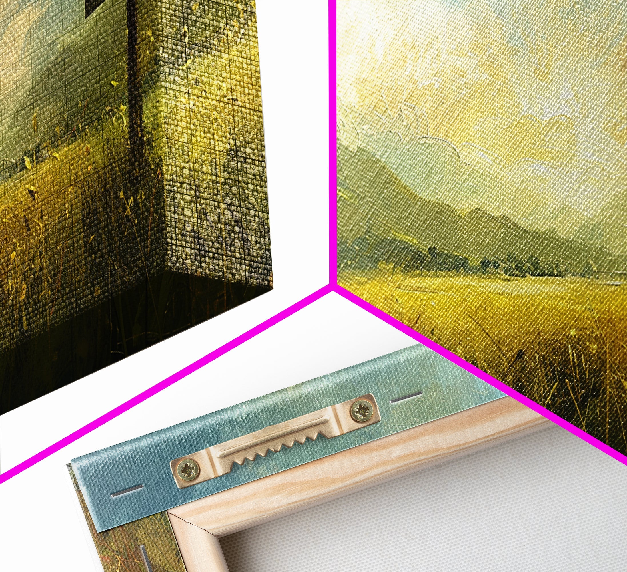 Corner view of cross landscape canvas print with textured fabric and framed edge