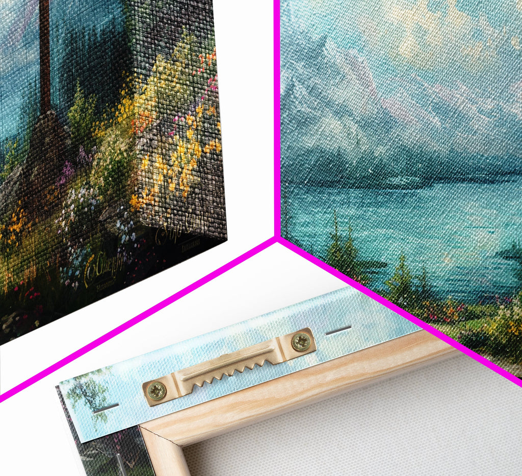Framed canvas print corner detail with textured landscape and a cross