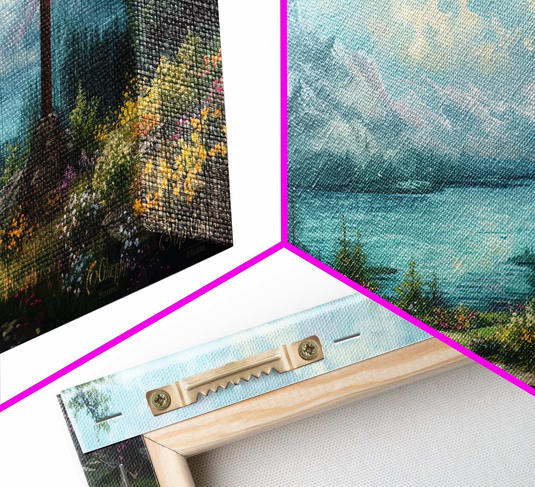 Framed canvas print corner detail with textured landscape and a cross