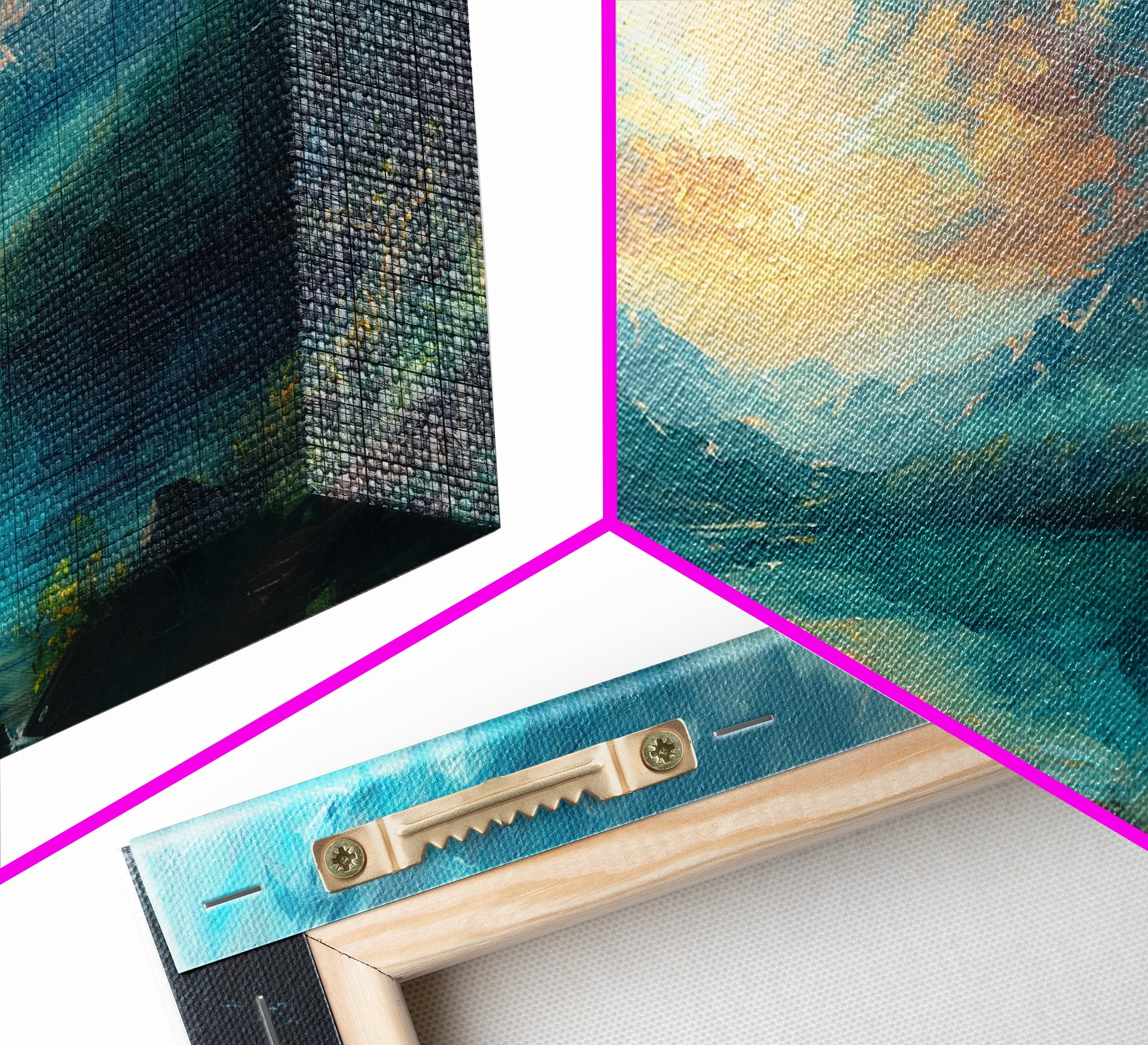 Framed canvas corner detail with textured paint, stapled edge, and mounting hardware