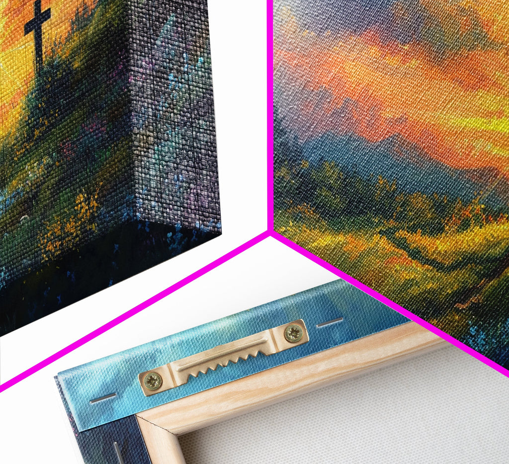 Canvas print corner close-up with wood frame edge and landscape cross artwork panel.