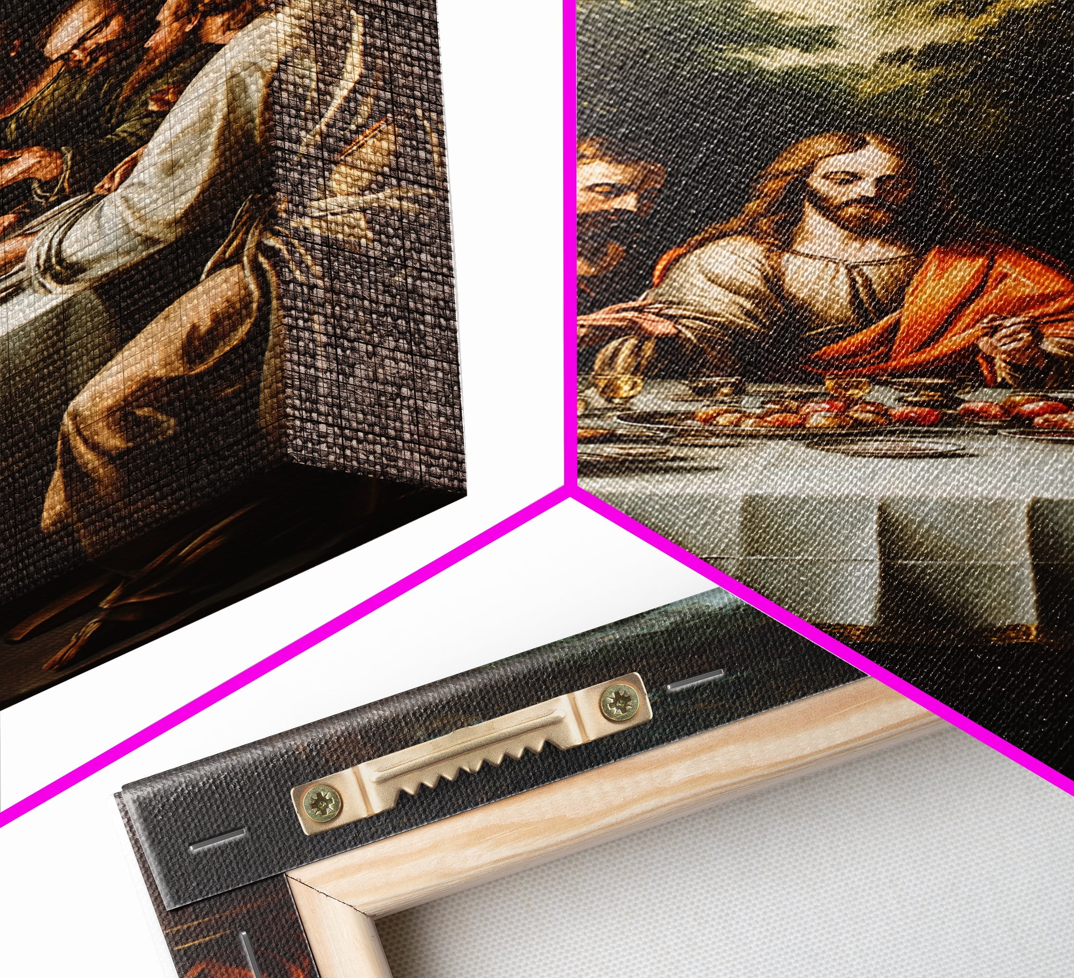 Framed canvas corner with textured print and hanging hardware