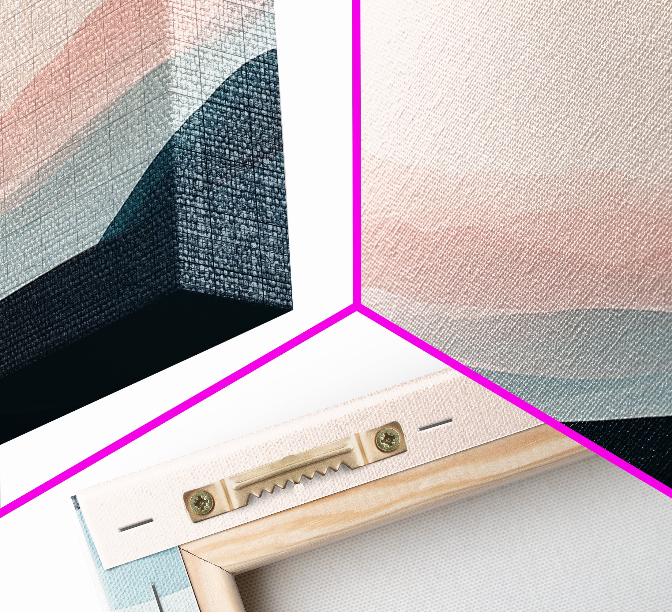 Framed canvas print corner detail with wooden frame and mounting hardware