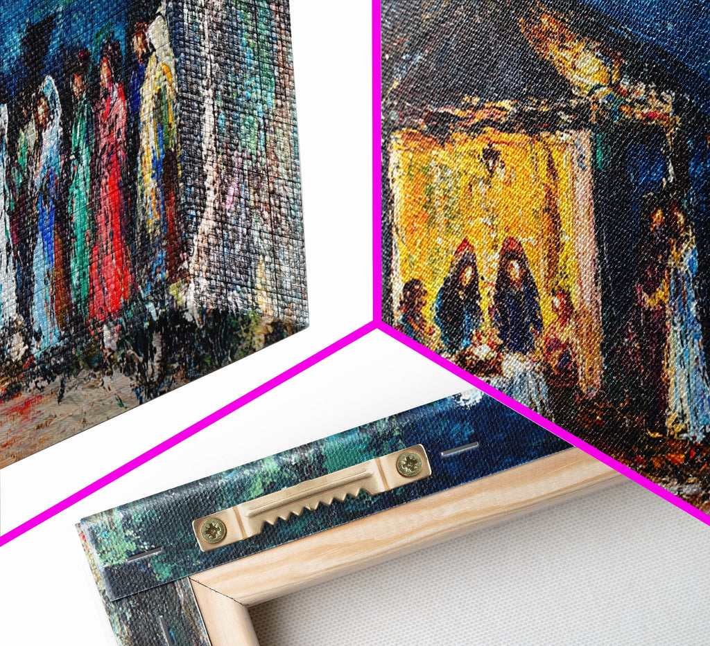 Textured abstract nativity canvas print detail with wooden frame corner and hanging hardware