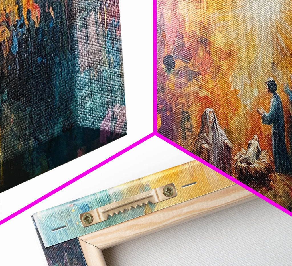 Canvas print corner detail with wooden frame and nativity scene texture