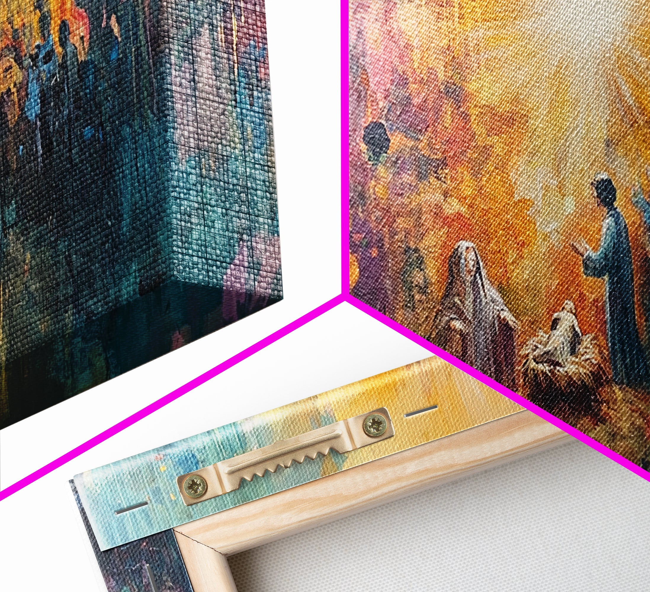Canvas print corner detail with wooden frame and nativity scene texture