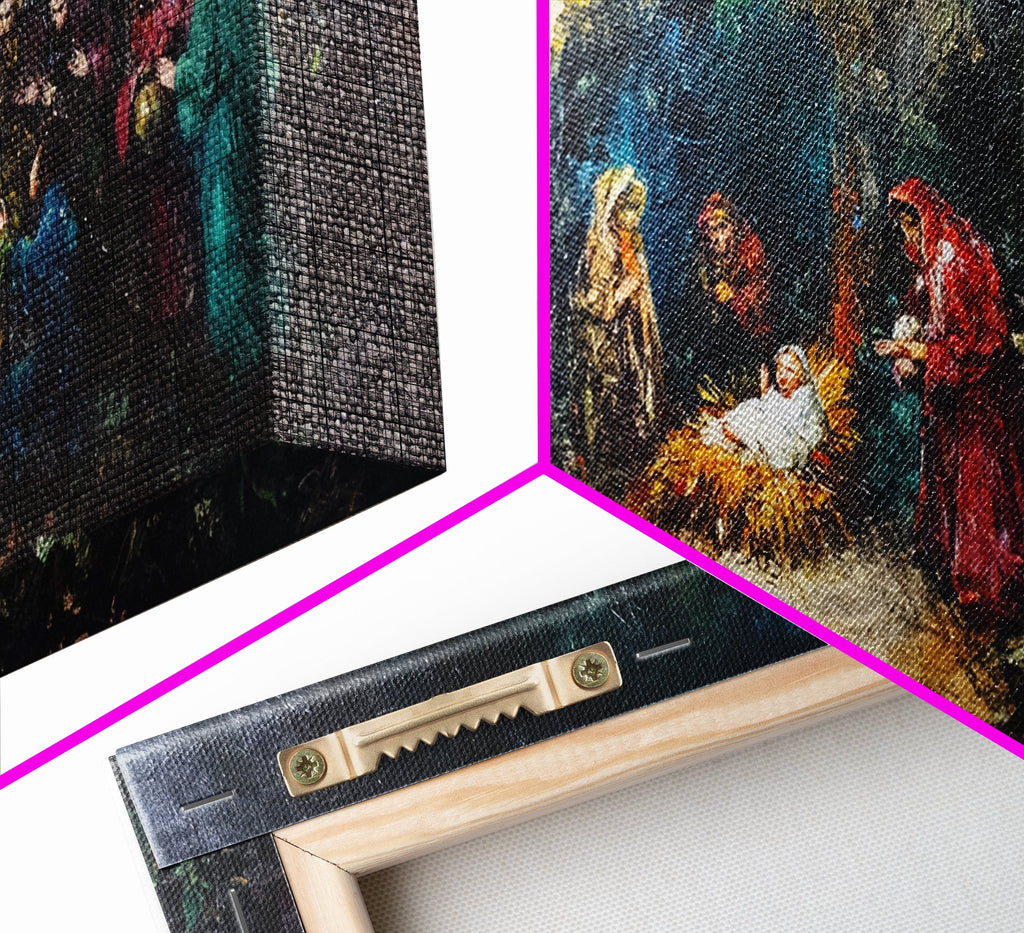 Corner of framed canvas nativity print showing textured fabric and frame edge